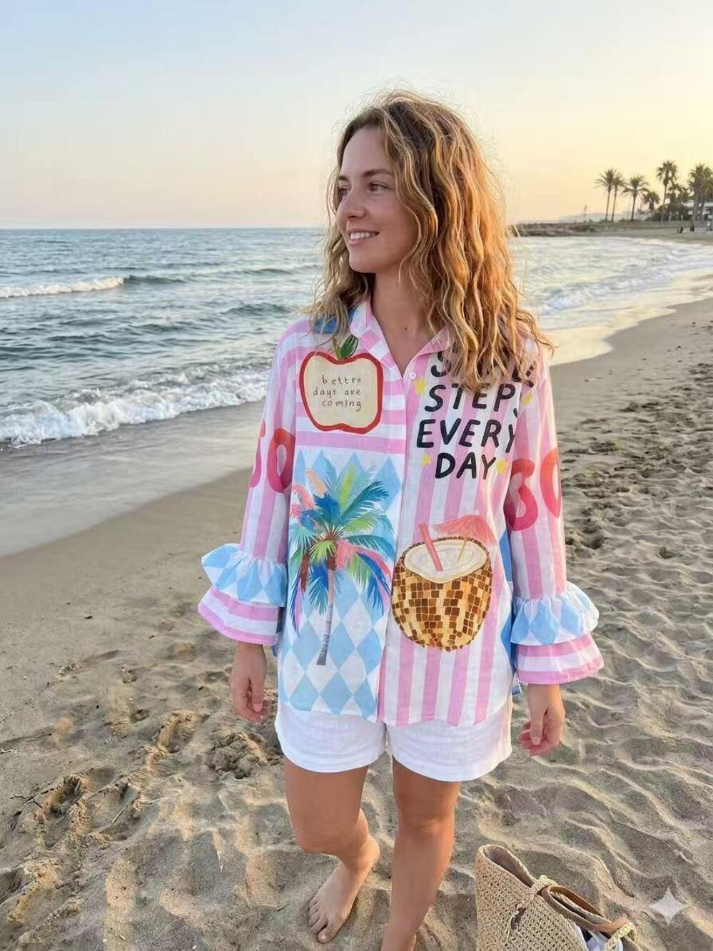 L714 | Loowie Small Steps Every Day Tropical  Shirt | Ruffle Sleeve One Size S-L